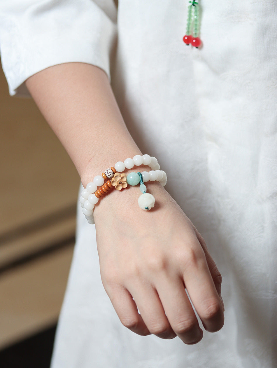 White Jade Bodhi Double Wrap Bracelet with Lotus Accent for Women
