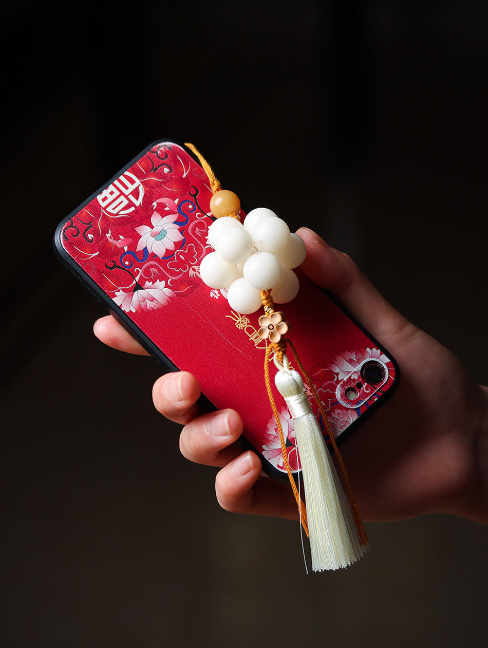 Handmade White Jade Bodhi Woven Tassel Charm Strap for Phone, Bag, or Car