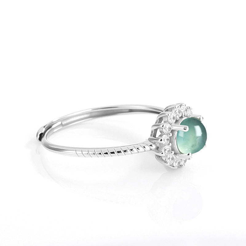Natural A-Grade Blue Water Jadeite Adjustable Ring for Women – S925 Silver, 5.0mm Cabochon Stone