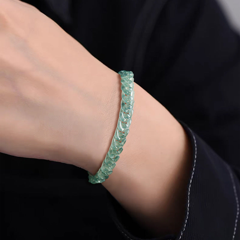 Natural A-Grade Blue Water Jadeite Cuban Link Bracelet – Ice-Type Jade, Titanium Steel, Hip-Hop Style for Men