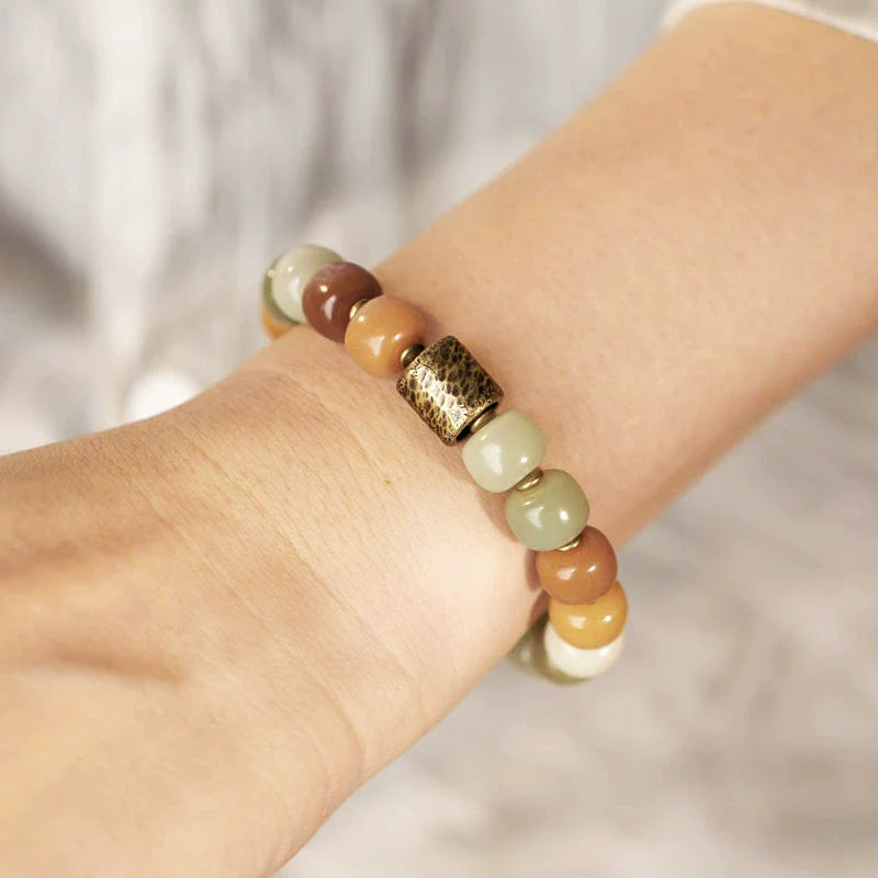 Multi-Colored Bodhi Seed & Brass Bead Bracelet – Stress Relief Wrist Mala