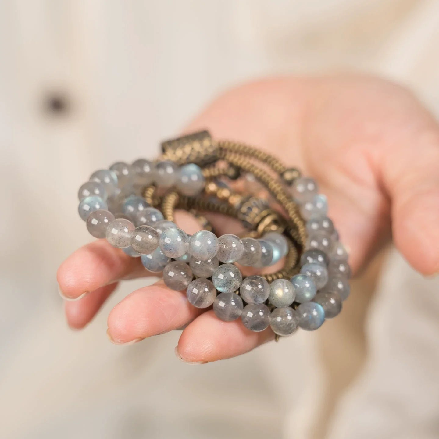 Tibetan-Inspired Multi-Layer Moonstone & Brass Bracelet · Lunar Light, Grounded Spirit