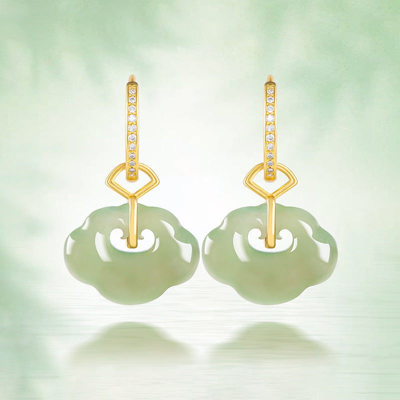 Women’s Natural Hetian Jade Ruyi Earrings, Set in S925 Silver