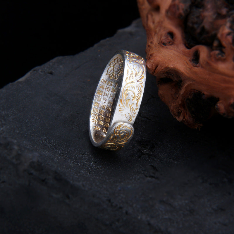 999 Pure Silver Honeysuckle Pattern Heart Sutra Engraved Ring