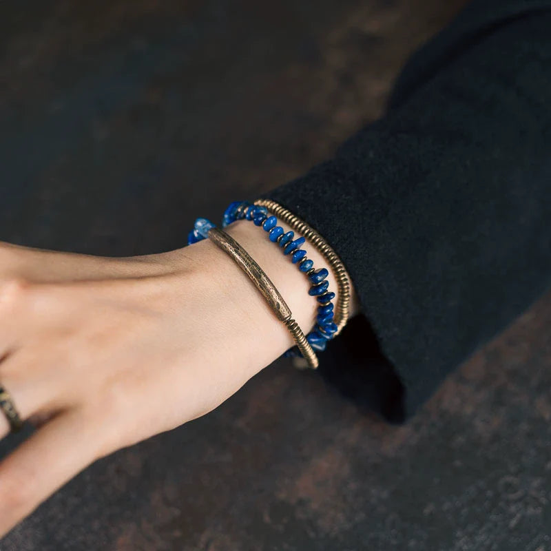 Irregular Lapis Lazuli& Brass Multi-Layer Bracelet Handcrafted Tibetan Jewelry for Protection & Balance