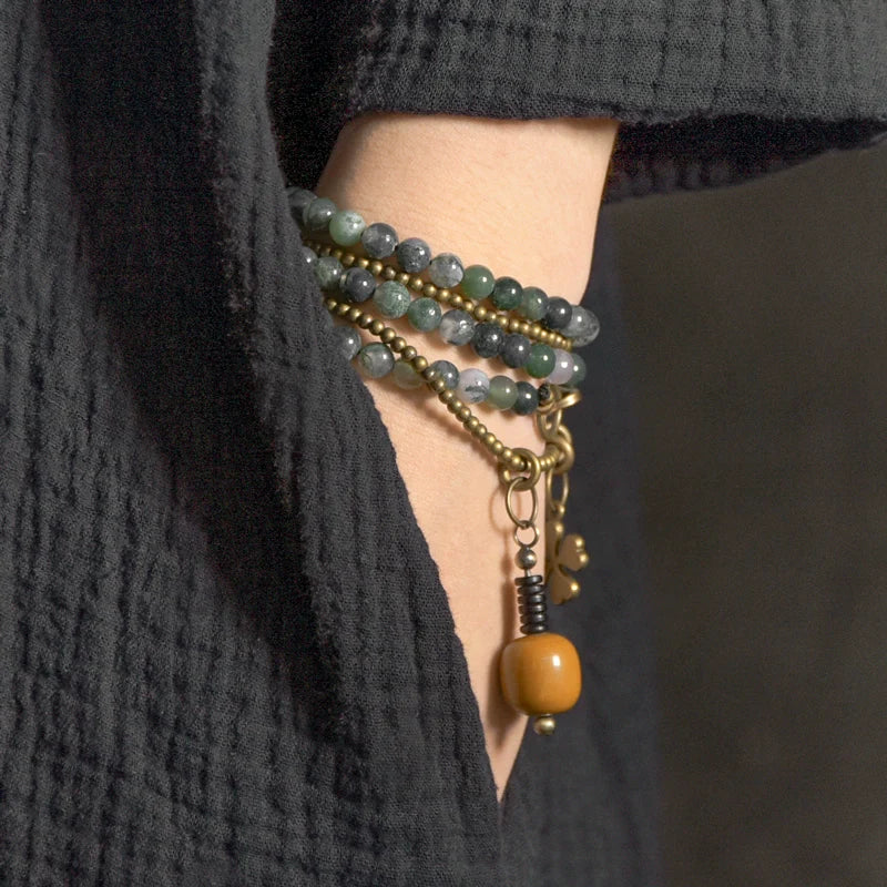 Vintage Multi-Layer Moss Agate & Yellow Jade Bead Bracelet – Buddhist Wrap Bracelet