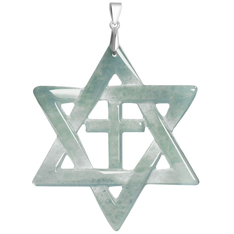 Natural Blue Water Jadeite Hexagram Cross Pendant – A-Grade Jade, S925 Silver, Unisex Fashion Necklace