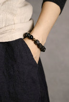Tibetan Vintage Ebony Wood, Black Obsidian & Brass Bracelet – For Strength & Protection