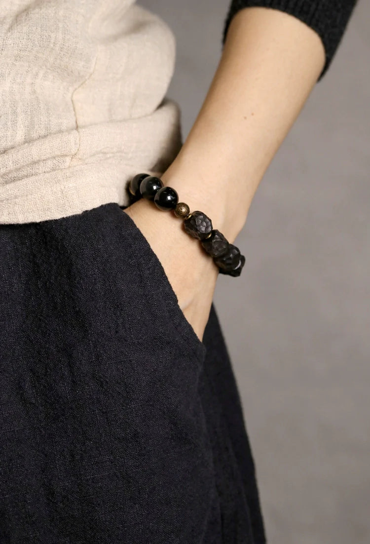 Tibetan Vintage Ebony Wood, Black Obsidian & Brass Bracelet – For Strength & Protection