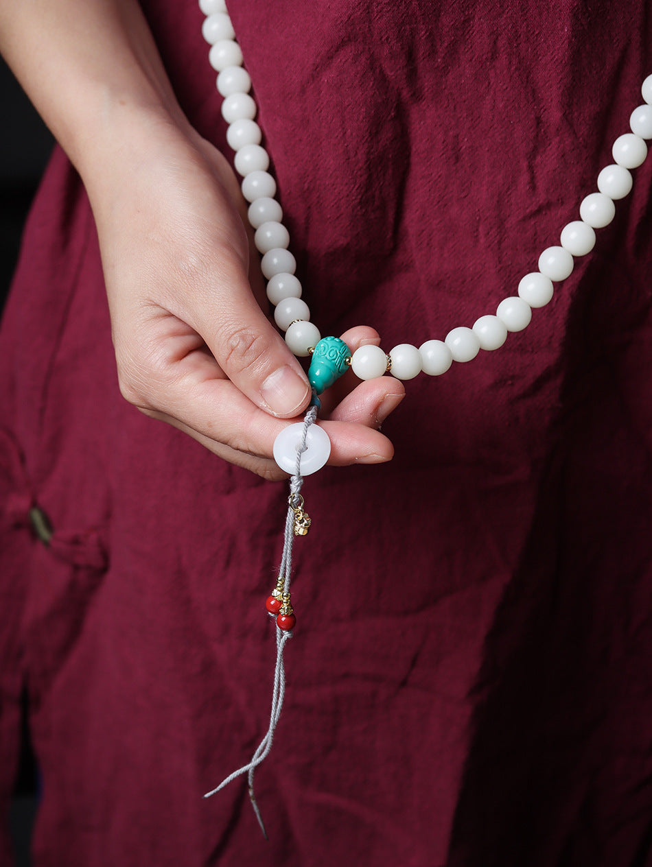 High-Polish White Jade Bodhi 108 Mala Beads Necklace with Turquoise-Look Accents and Safety Buckle – Sweater Chain Crossbody Style