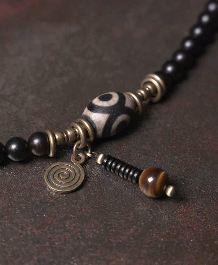 Vintage Multi-Layer Ebony Bead Bracelet with Tiger Eye & Dzi Bead for Protection