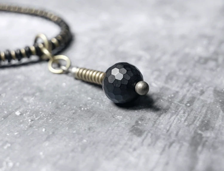 Tibetan Vintage Wrap Bracelet · Black Agate, Brass & Ebony Wood · Multi-Layer Long Strand
