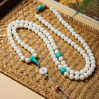 High-Polish White Jade Bodhi 108 Mala Beads Necklace with Turquoise-Look Accents and Safety Buckle – Sweater Chain Crossbody Style