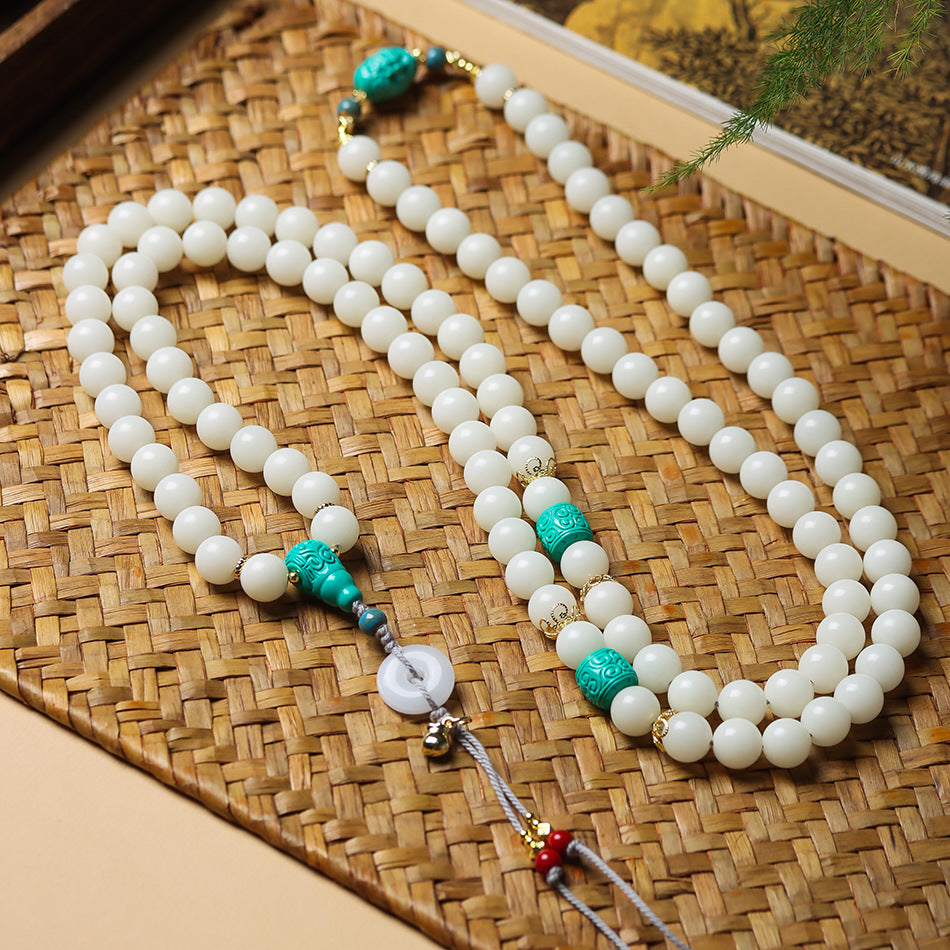 High-Polish White Jade Bodhi 108 Mala Beads Necklace with Turquoise-Look Accents and Safety Buckle – Sweater Chain Crossbody Style