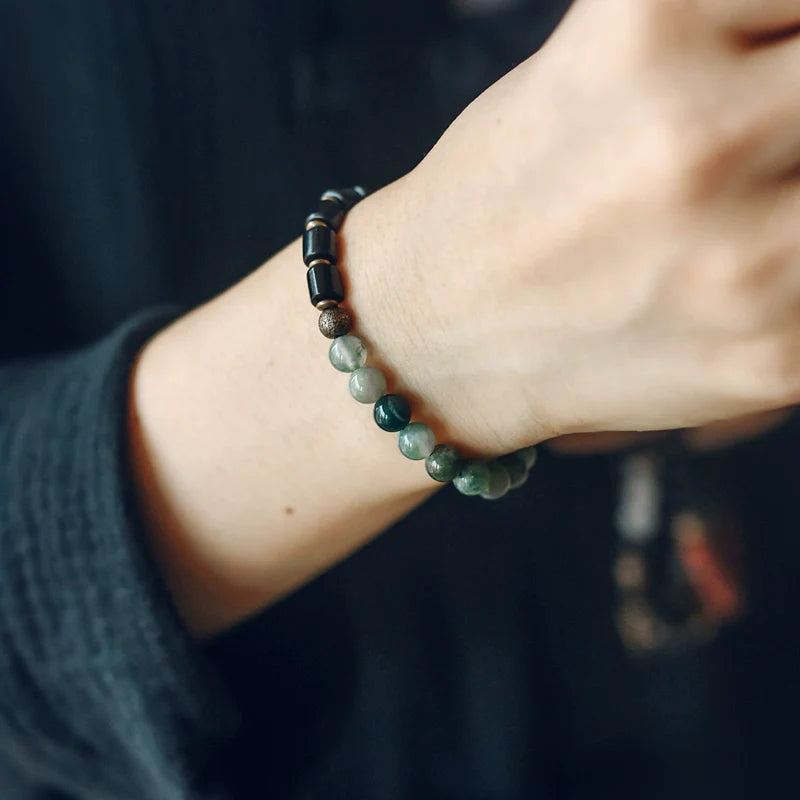 Tibetan Obsidian Bracelet with Colorful Beads for Protection & Balance