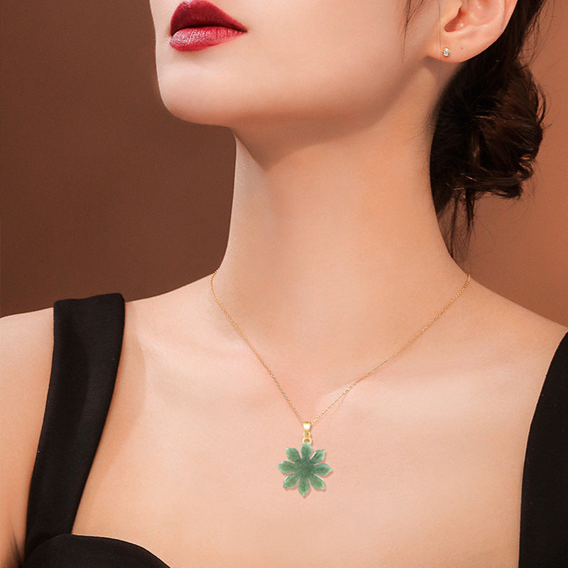 Natural Jadeite Sunflower Pendant, S925 Silver Clasp