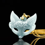 Natural Ice Blue Jadeite Fox Mask Pendant – Genuine A-Grade Blue Water Jade with S925 Silver, Unisex Talisman Necklace for Luck & Protection