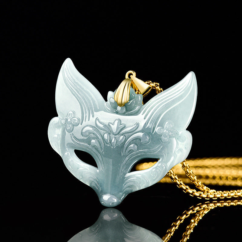 Natural Ice Blue Jadeite Fox Mask Pendant – Genuine A-Grade Blue Water Jade with S925 Silver, Unisex Talisman Necklace for Luck & Protection