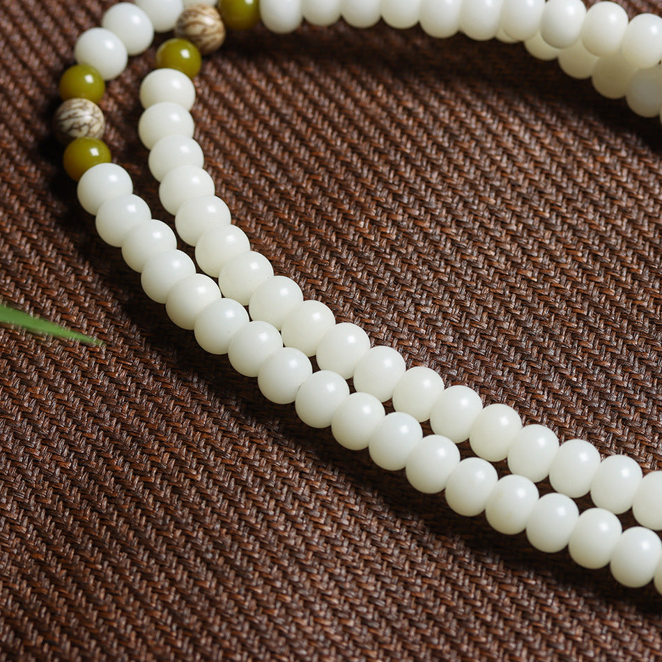 White Jade Bodhi 108 Mala Beads Bracelet with Carved Lotus Slice Pendant