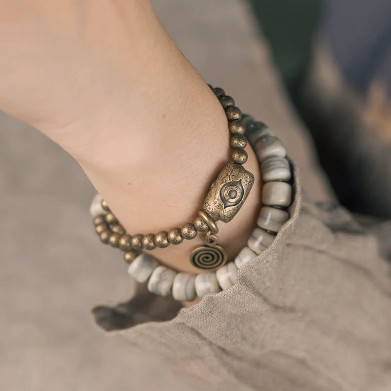 Tibetan Handmade Double-Wrap Yak Bone Bracelet with Brass Dzi Beads and Vintage Brass Accents