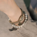 Tibetan Handmade Double-Wrap Yak Bone Bracelet with Brass Dzi Beads and Vintage Brass Accents