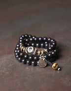 Vintage Multi-Layer Ebony Bead Bracelet with Tiger Eye & Dzi Bead for Protection