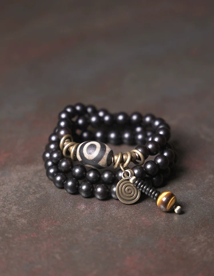 Vintage Multi-Layer Ebony Bead Bracelet with Tiger Eye & Dzi Bead for Protection