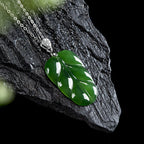 Natural Spinach Green Hetian Jade Leaf Necklace, Unisex Design, 925 Sterling Silver Setting