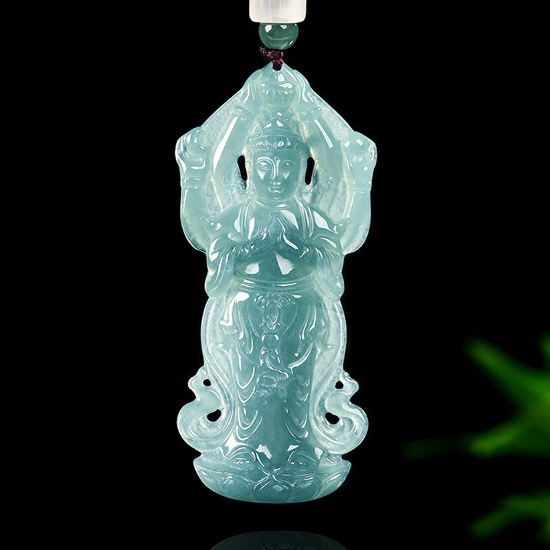 Natural Blue Water Jadeite Thousand-Armed Guanyin Pendant – Zodiac Rat Guardian Buddha
