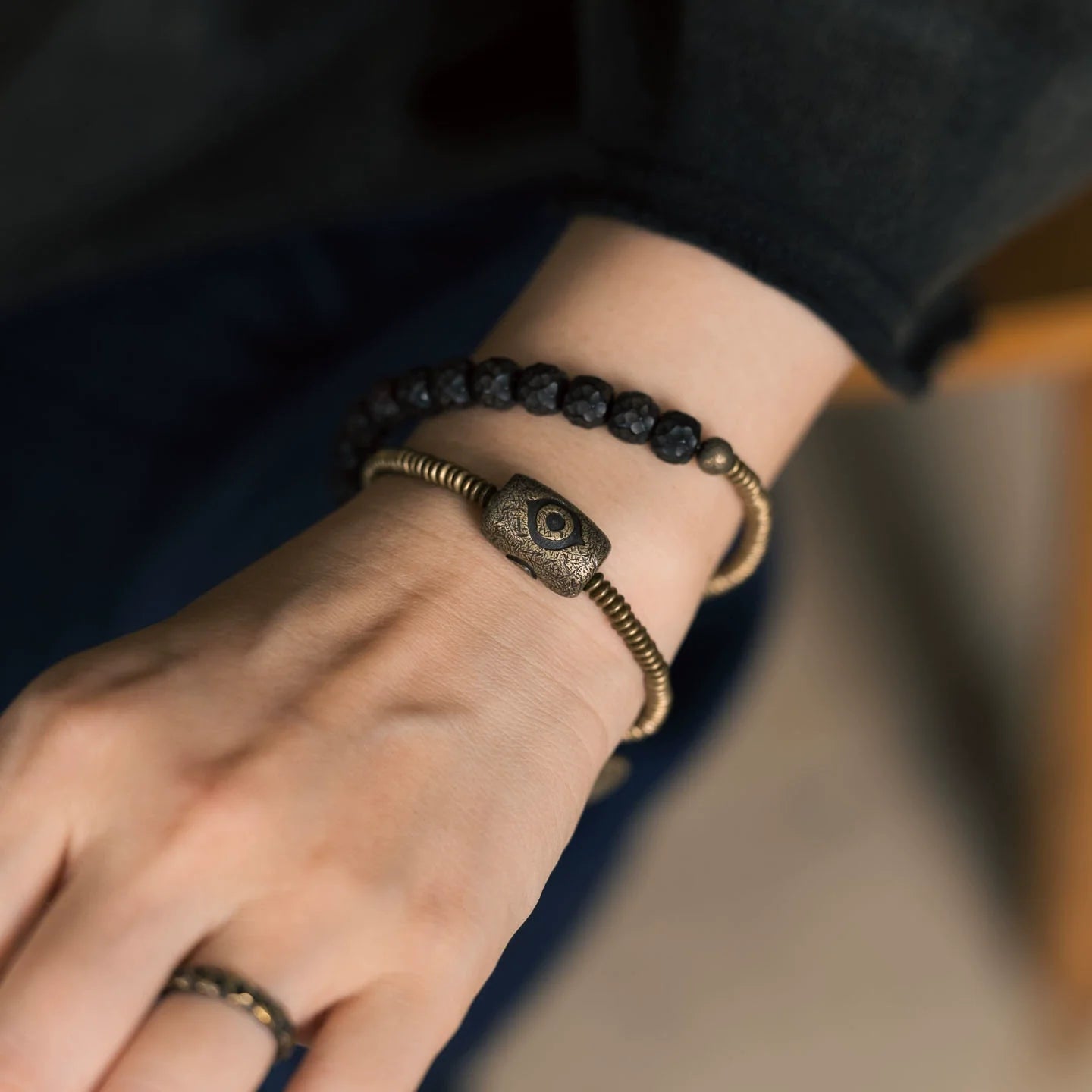 Tibetan Handmade Double-Wrap Coconut Shell & Brass Dzi Bracelet · Earthborn Wisdom, Sacred Protection