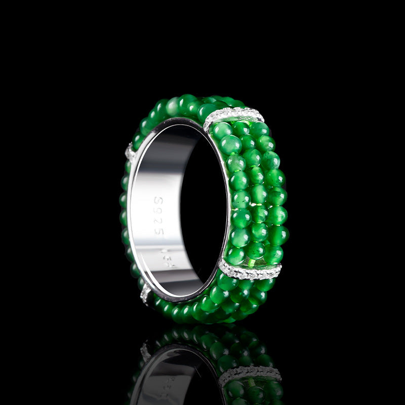 Natural A-Grade Jade “Emerald Green” Beaded Ring — S925 Sterling Silver