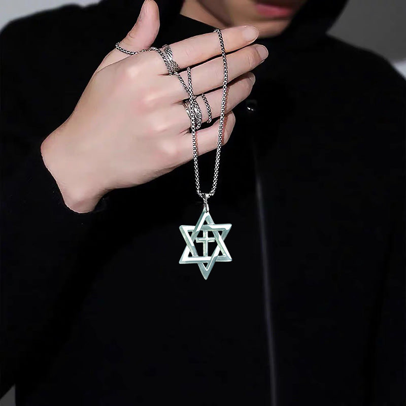 Natural Blue Water Jadeite Hexagram Cross Pendant – A-Grade Jade, S925 Silver, Unisex Fashion Necklace