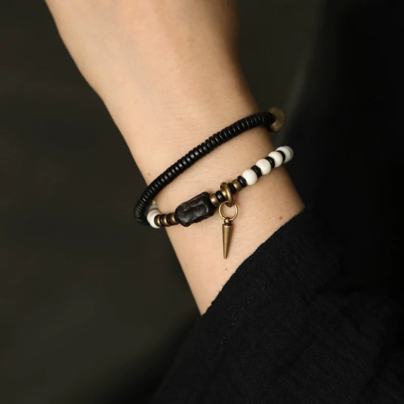 Tibetan Deer Bone and Ebony Beads Unisex Bracelet with Brass Accent