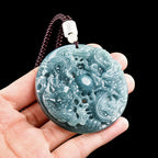 Natural Ice Blue Jadeite Double Dragon “Playing with the Pearl” Pendant – A-Grade Blue Water Jade Zodiac Dragon Talisman