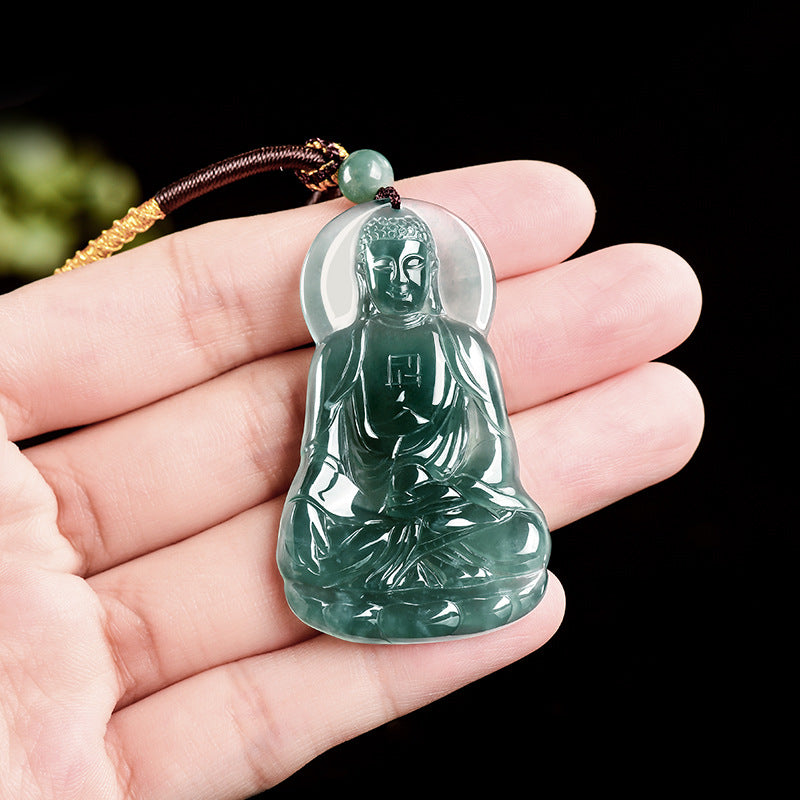 Natural Blue Water Jadeite Amitabha Buddha Pendant – A-Grade Jade, Spiritual Protection Talisman