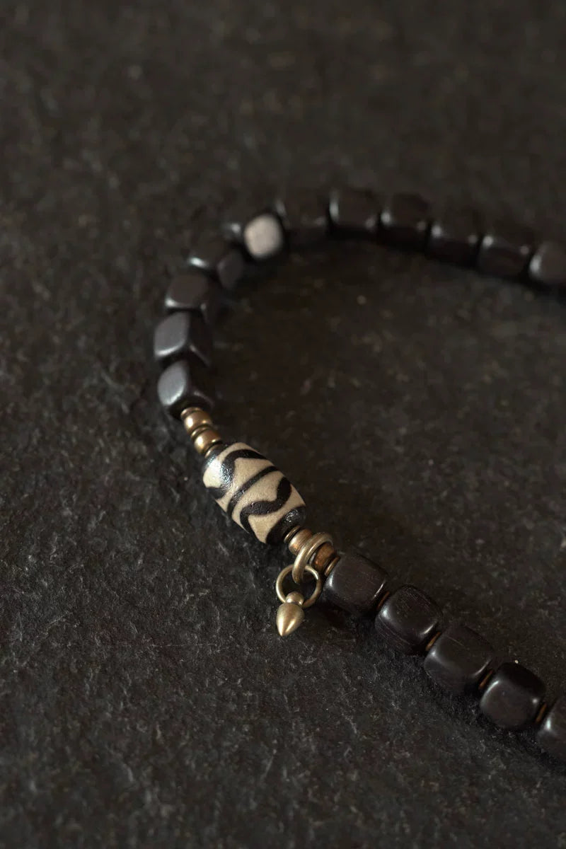 Tibetan Handmade Ebony Wood Dzi Bead Bracelet Vintage Couple Spiritual Jewelry