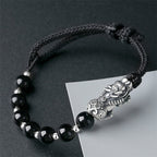 Natural Obsidian Hand-woven Boys Silver Pixiu Feng Shui Bracelet