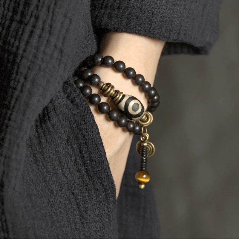Vintage Multi-Layer Ebony Bead Bracelet with Tiger Eye & Dzi Bead for Protection