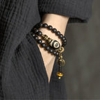 Vintage Multi-Layer Ebony Bead Bracelet with Tiger Eye & Dzi Bead for Protection