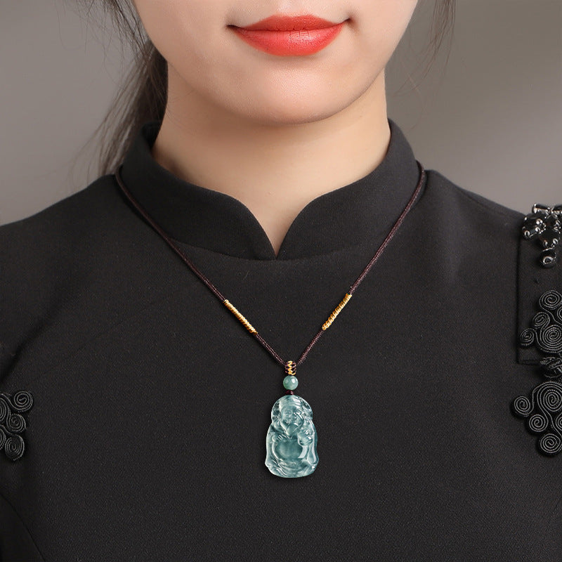 Natural Ice Blue Jadeite Cai Shen Pendant – Genuine A-Grade Blue Water Jade, Wealth & Prosperity Talisman for Men & Women