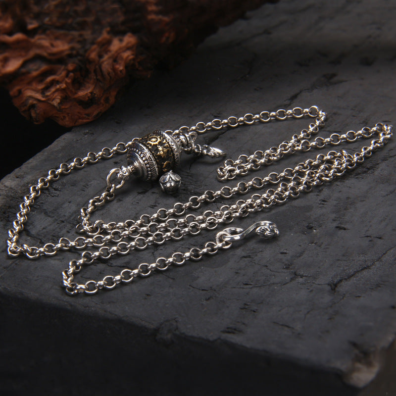 925 Sterling Silver Tibetan Prayer Wheel Pendant Sweater Chain