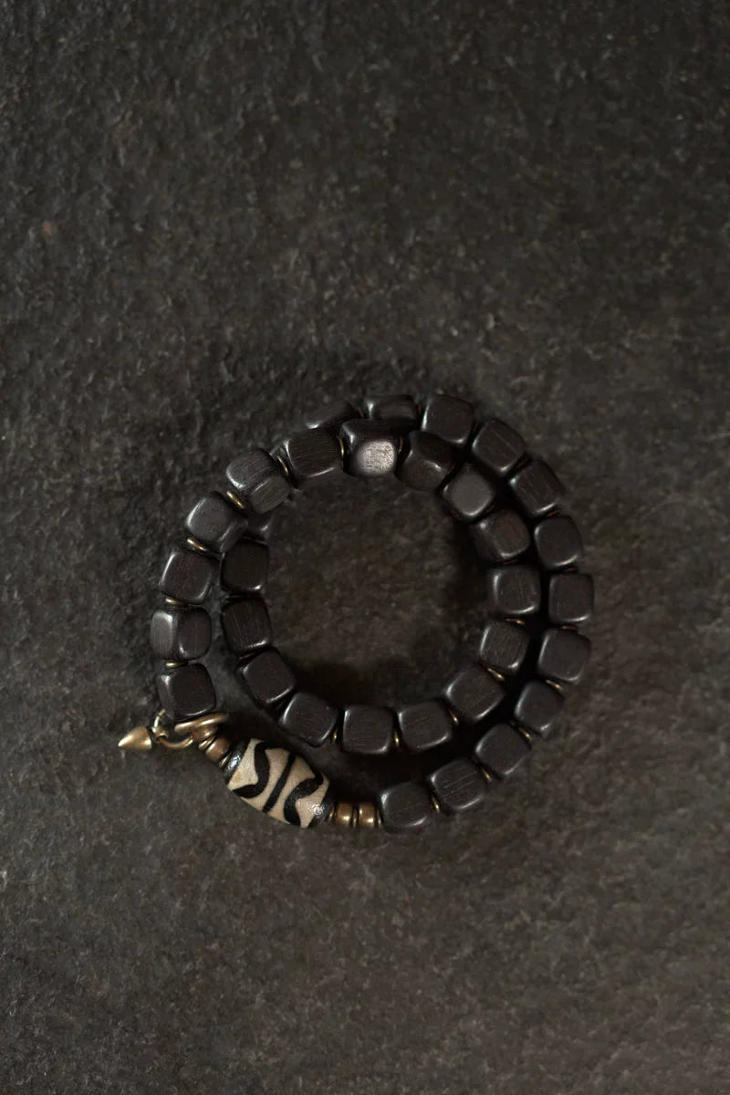 Tibetan Handmade Ebony Wood Dzi Bead Bracelet Vintage Couple Spiritual Jewelry