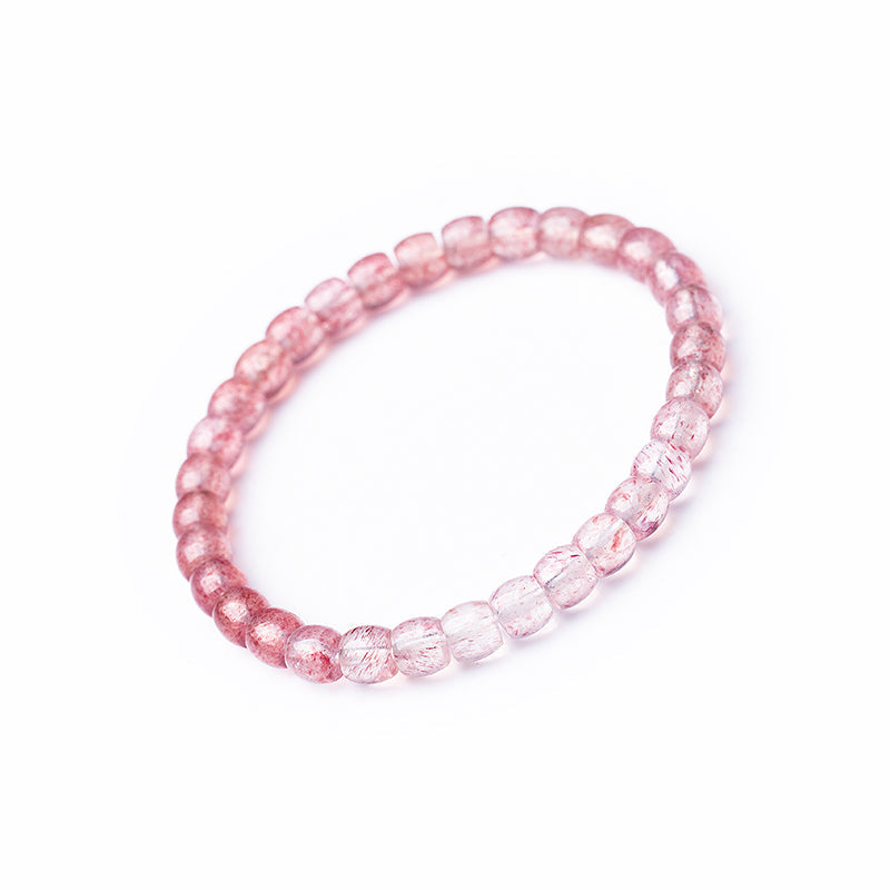 Natural Strawberry Quartz Barrel Bead Bracelet - Transparent and Radiant Red