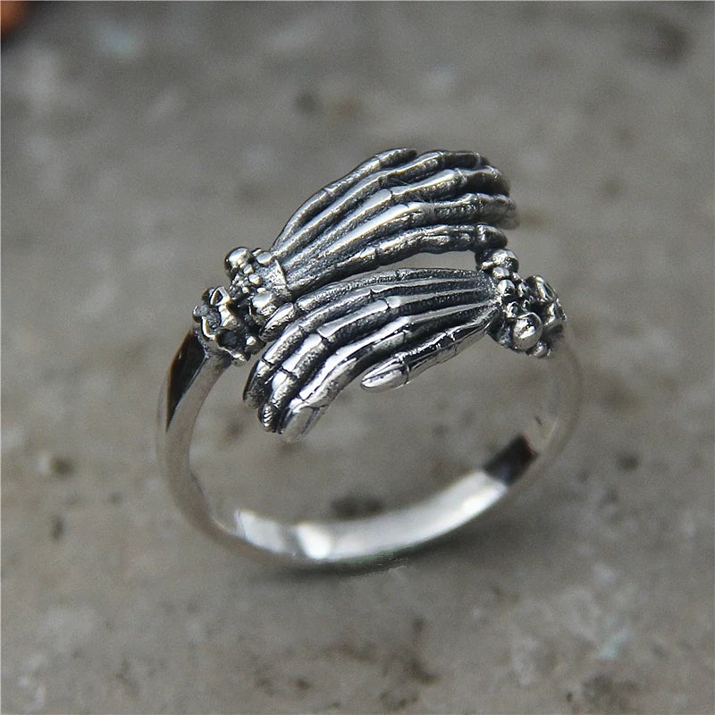 S925 Sterling Silver Vintage Skull Hand Ring for Men