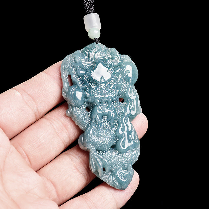 Natural Blue Water Jadeite 3D Dragon Pendant – A-Grade Jade, Zodiac Dragon Talisman, Powerful Amulet