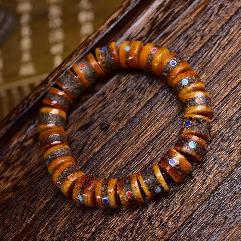 Tibetan Yak Bone Bracelet with Gemstone Inlays – Handcrafted Tibetan-Style Bracelet