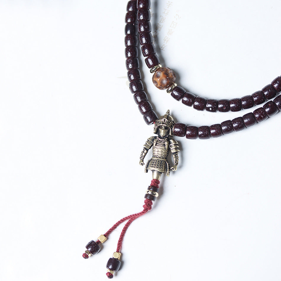 Ancient Cinnabar-Infused Star and Moon Bodhi 108 Mala Beads Bracelet with Tibetan Silver Warrior Charm