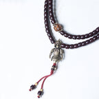 Ancient Cinnabar-Infused Star and Moon Bodhi 108 Mala Beads Bracelet with Tibetan Silver Warrior Charm