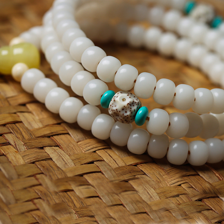 108 White Jade Bodhi Mala with Star and Moon Beads