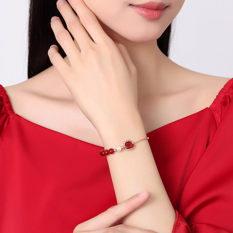 Women’s S925 Silver Cute Horse Jewelry Set – Red Agate Zodiac Horse Bracelet, Necklace, Earrings